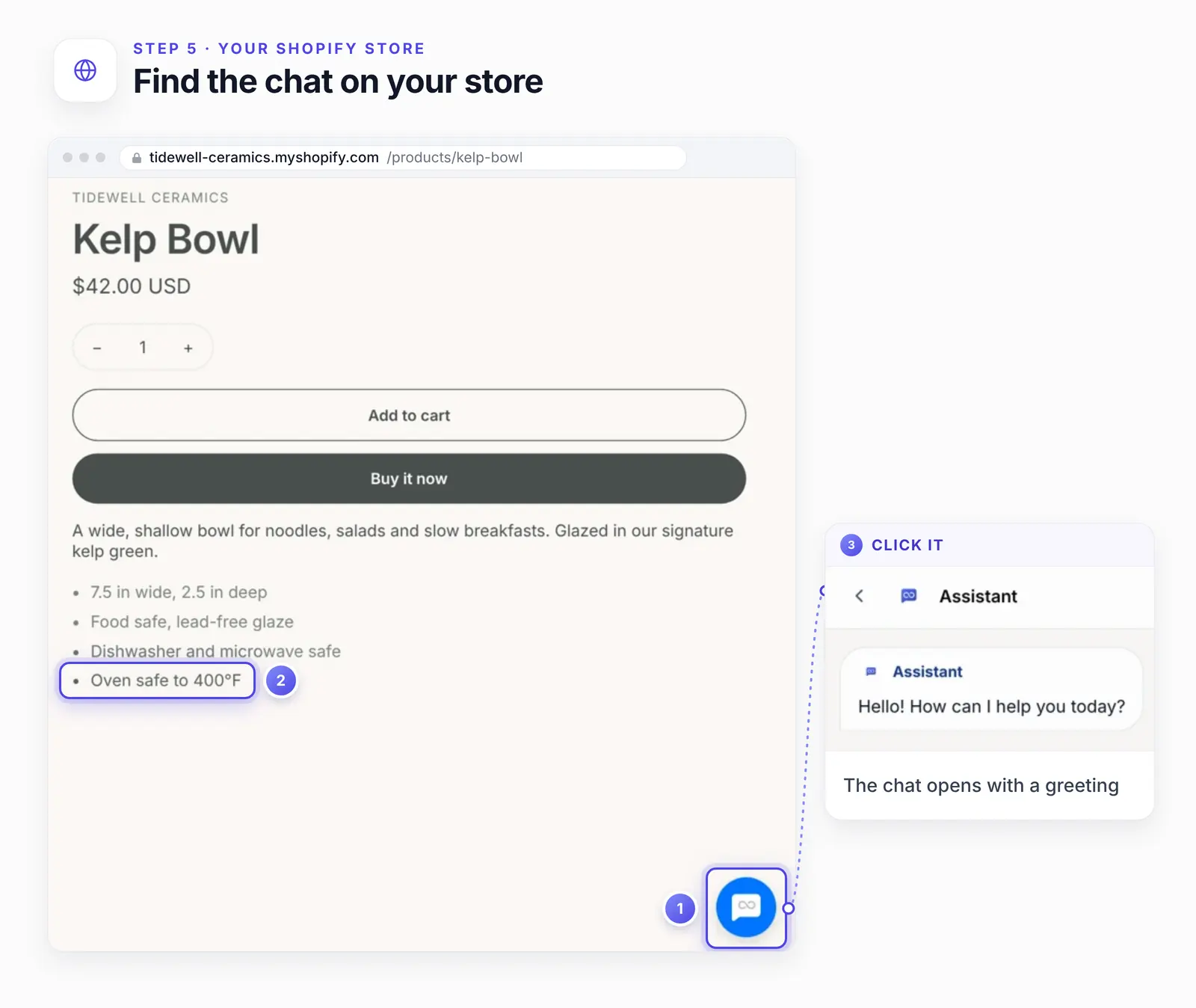 The Tidewell Ceramics Kelp Bowl product page with three numbered highlights: 1, the round chat button at the bottom right; 2, the product detail Oven safe to 400&deg;F; 3, a larger view of the open chat with the greeting Hello! How can I help you today?