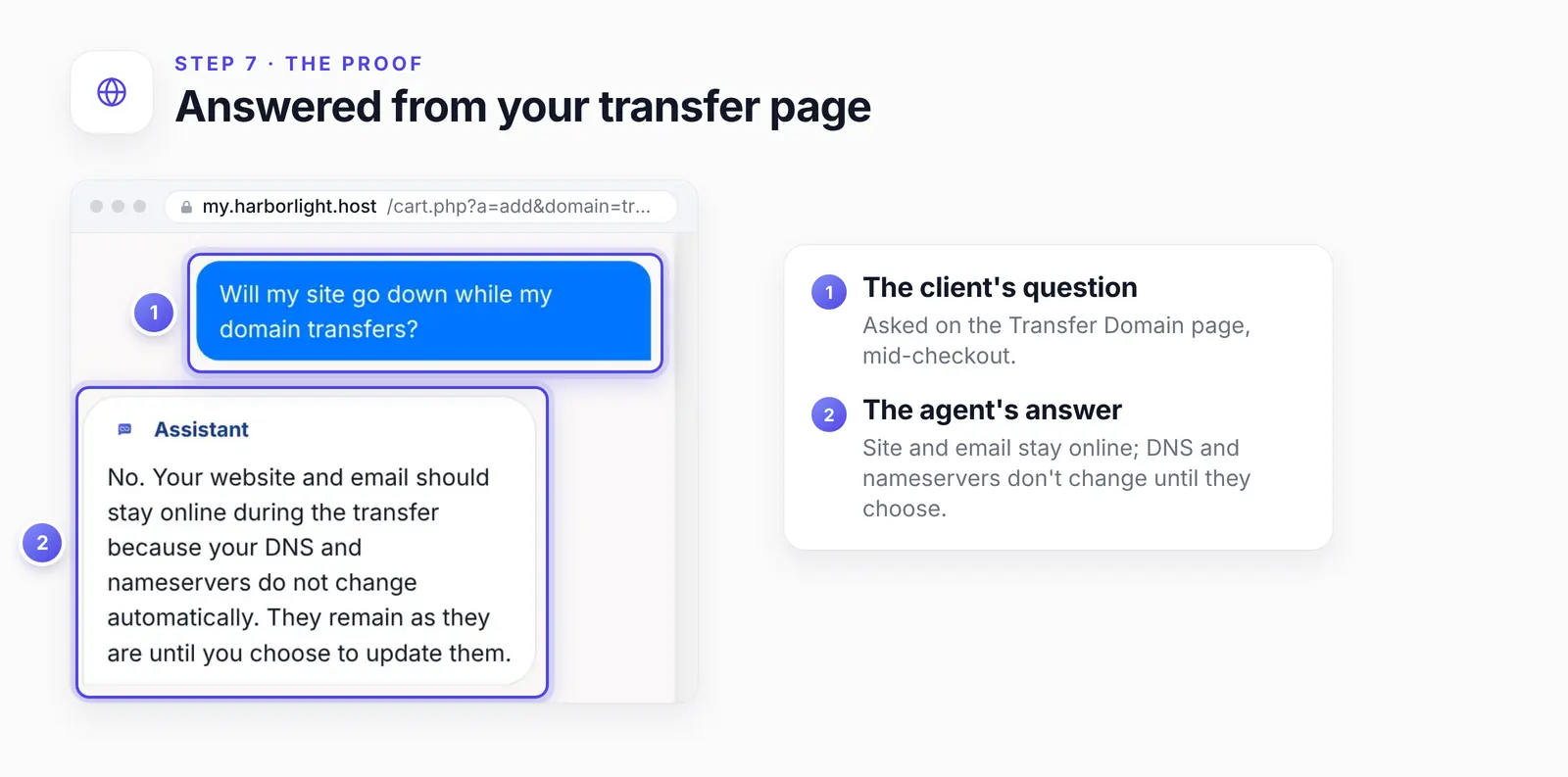 The chat on the Transfer Domain page with two numbered highlights: 1, the client's question about the site going down during a transfer; 2, the agent's answer that the website and email stay online because DNS and nameservers don't change.