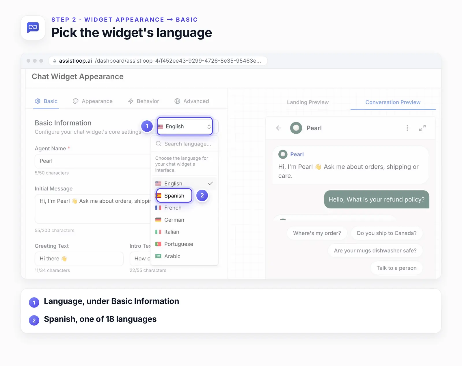 AssistLoop's Widget Appearance page with the Language list open and two numbered highlights: 1, the Language field under Basic Information; 2, Spanish in the list.