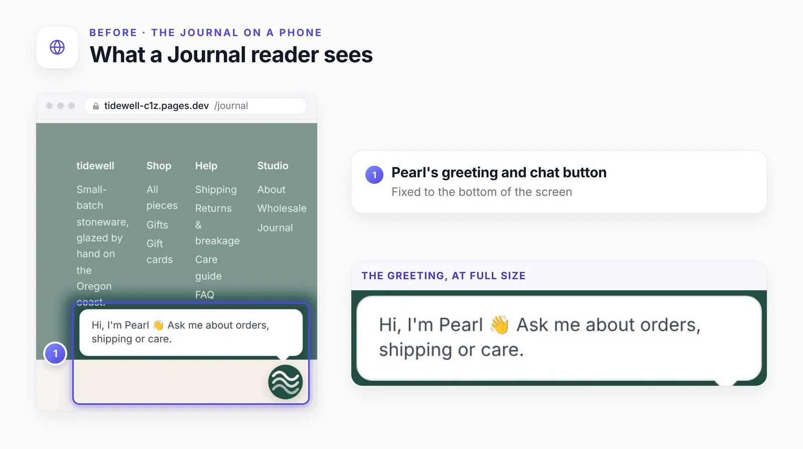 The bottom of Tidewell's Journal page on a phone, with one numbered highlight on Pearl's greeting and chat button, and the greeting enlarged in a side card.