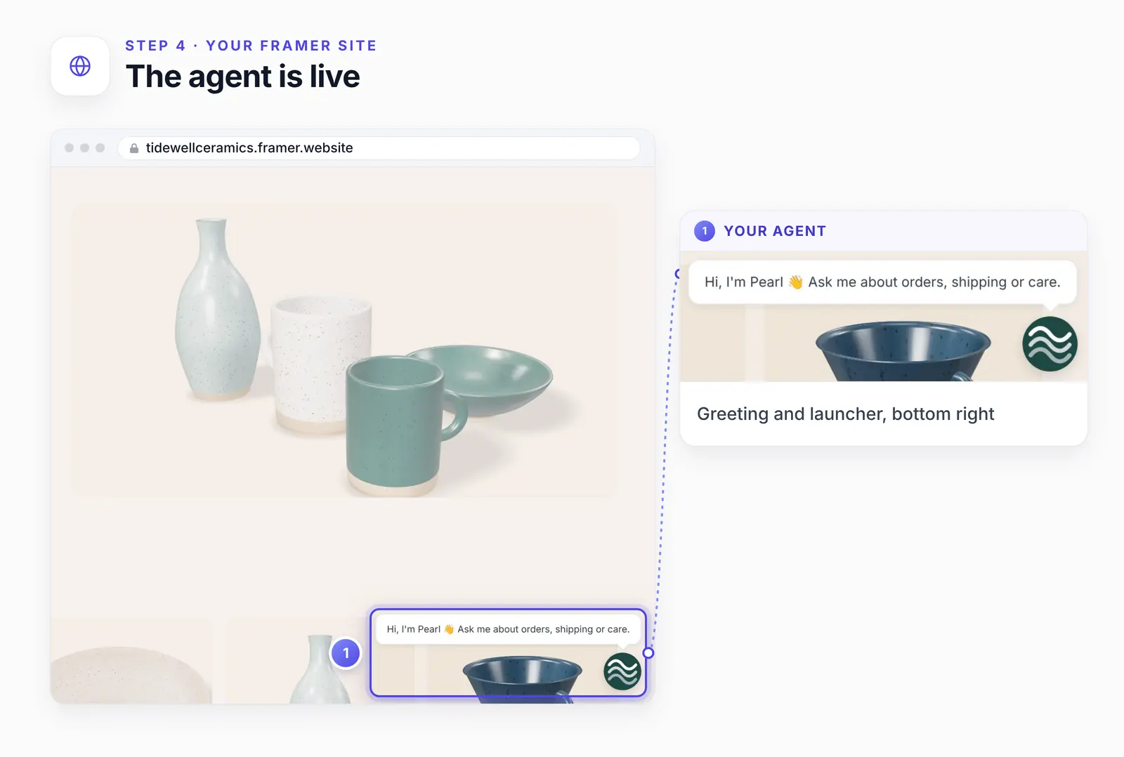 The studio's own home page loaded at tidewellceramics.framer.website, with the agent's greeting and launcher highlighted in the bottom-right corner and an enlarged view of the greeting, Hi, I'm Pearl 👋 Ask me about orders, shipping or care.