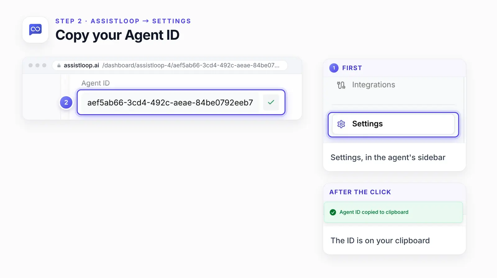AssistLoop's agent Settings page with two numbered highlights: 1, an enlarged Settings link in the agent's sidebar; 2, the Agent ID field, its copy button now a check after the click. Another enlarged view shows the Agent ID copied to clipboard confirmation.