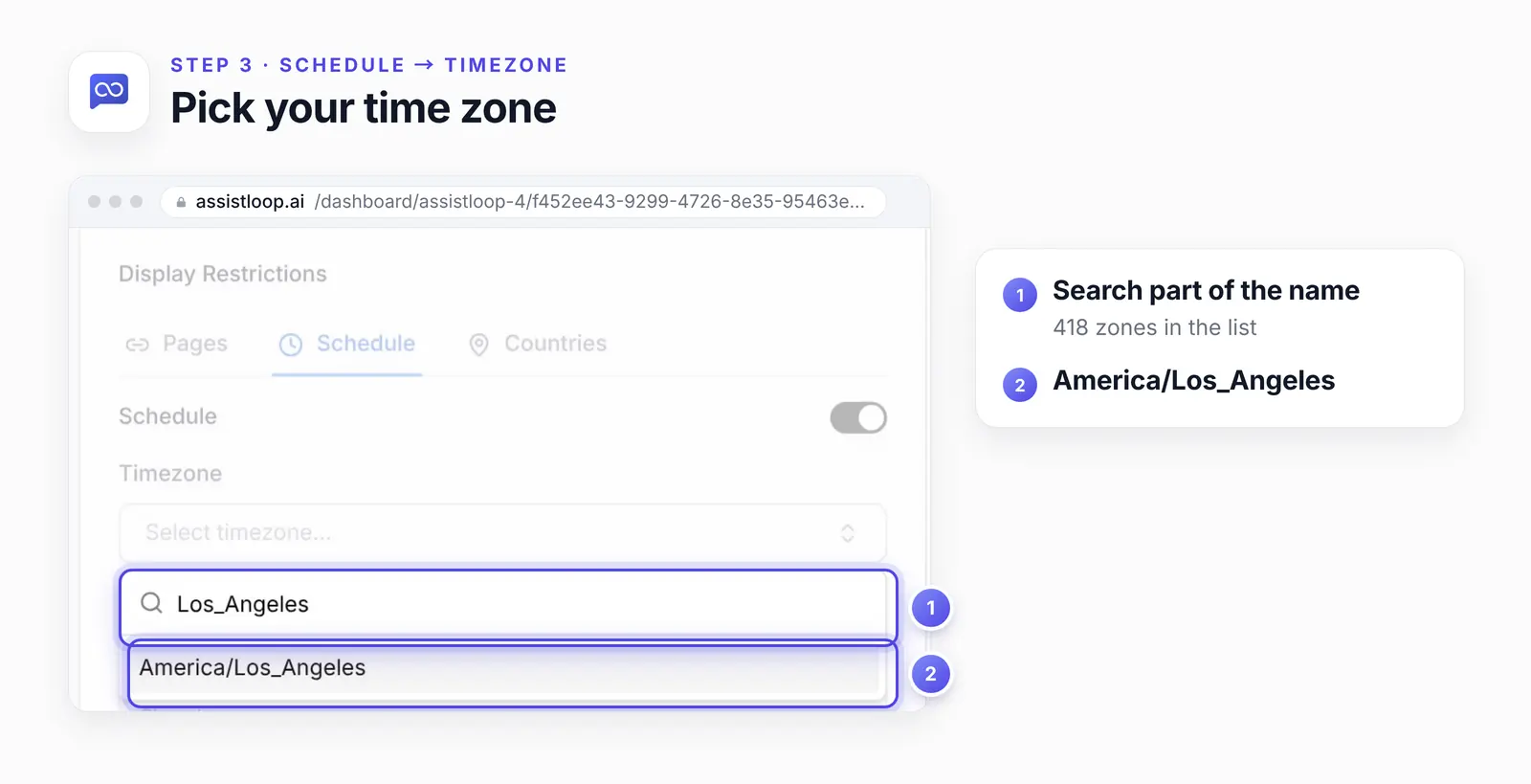 The time zone search with two numbered highlights: 1, Los_Angeles typed in the search box; 2, America/Los_Angeles in the list.