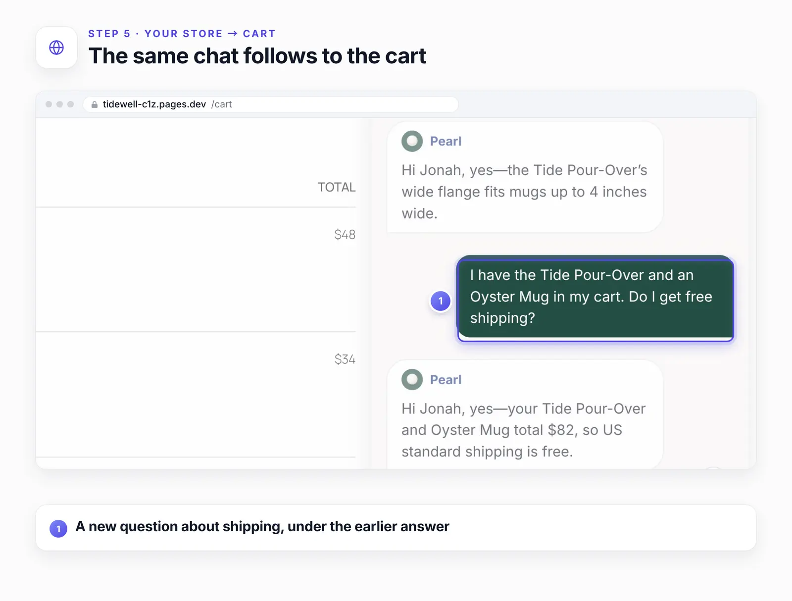 The cart page with the chat open: the earlier answer about the mug at the top, then one numbered highlight on the shopper's new question about free shipping, with the agent's reply below it.