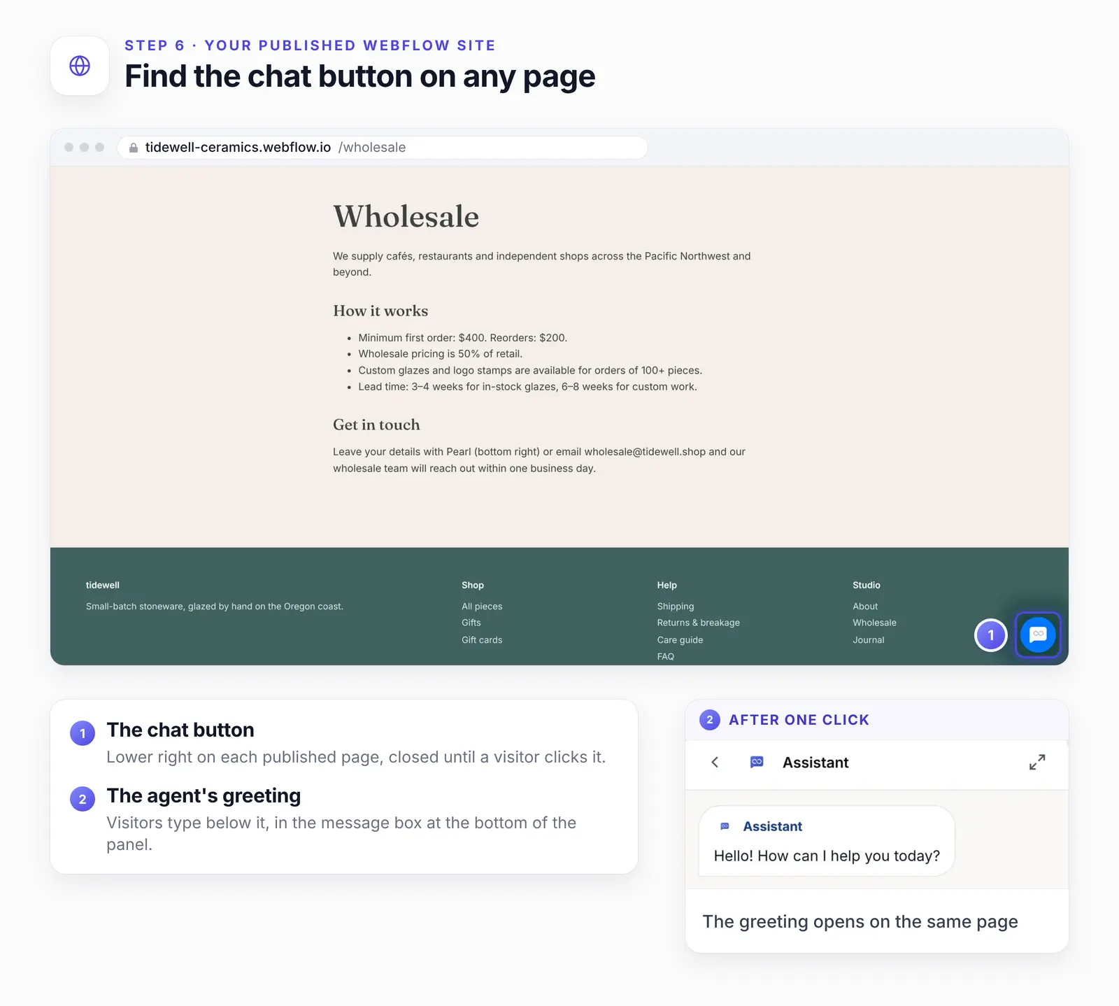 The Tidewell Ceramics Wholesale page with the chat closed and its round chat button ringed as highlight 1, plus an enlarged view of the greeting that opens after a click, labelled highlight 2.