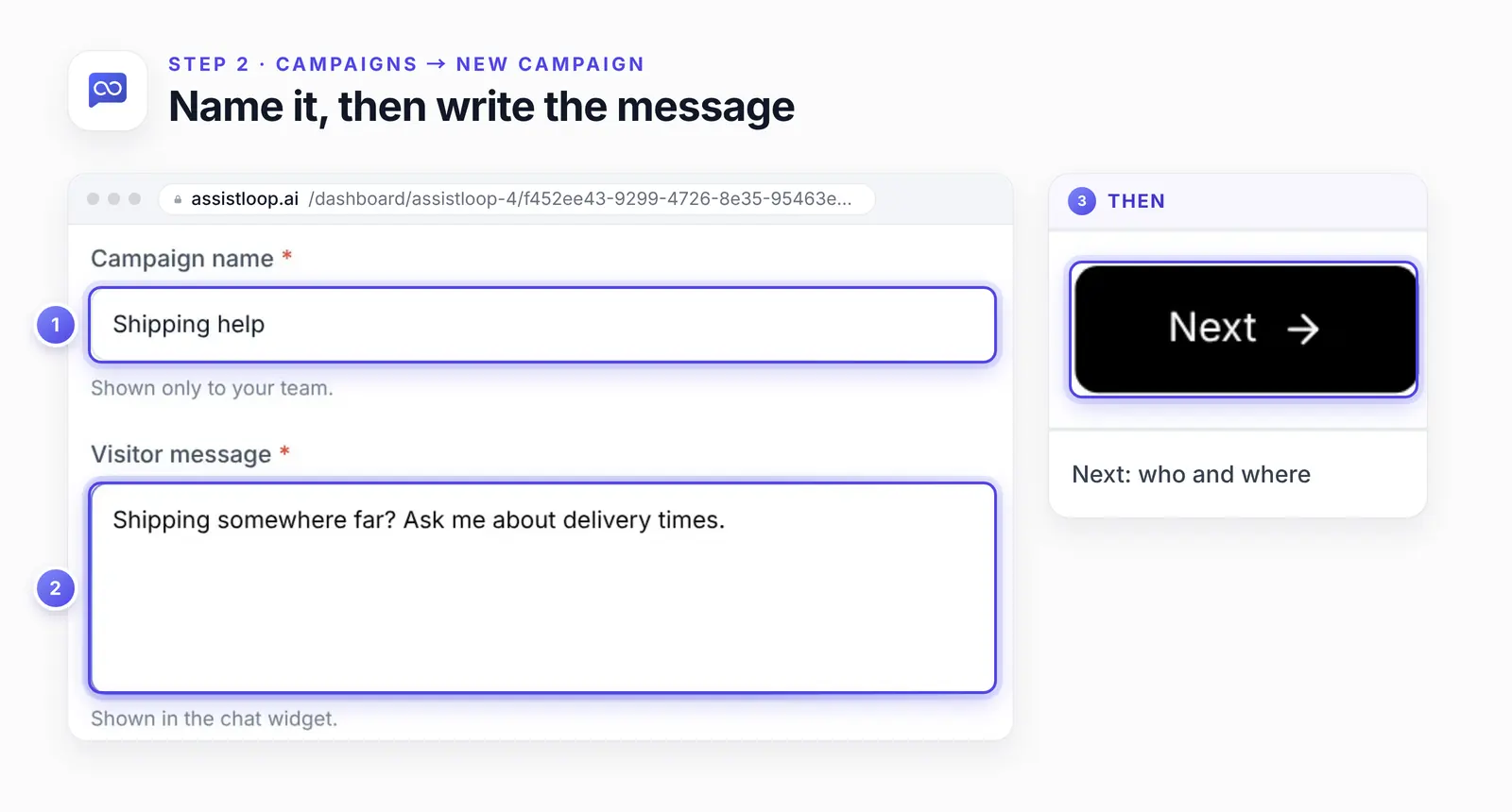 The New campaign form: the Campaign name and Visitor message fields ringed, and the Next button enlarged.