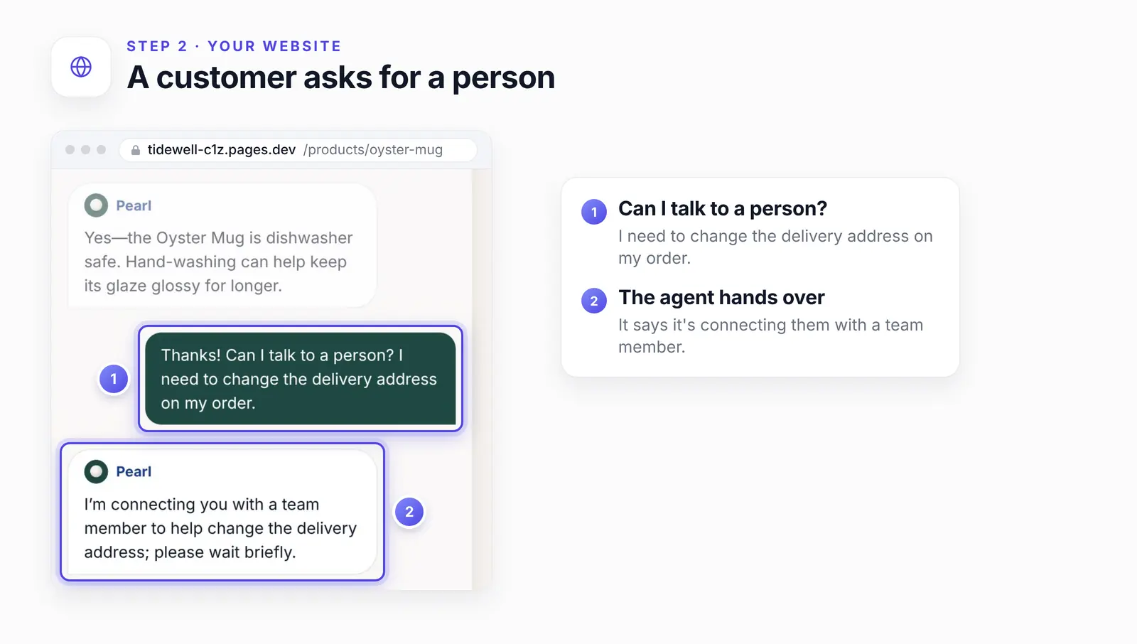 The shop's chat with two numbered highlights: 1, the customer asking for a person to change the delivery address; 2, the agent's reply that it's connecting them with a team member.