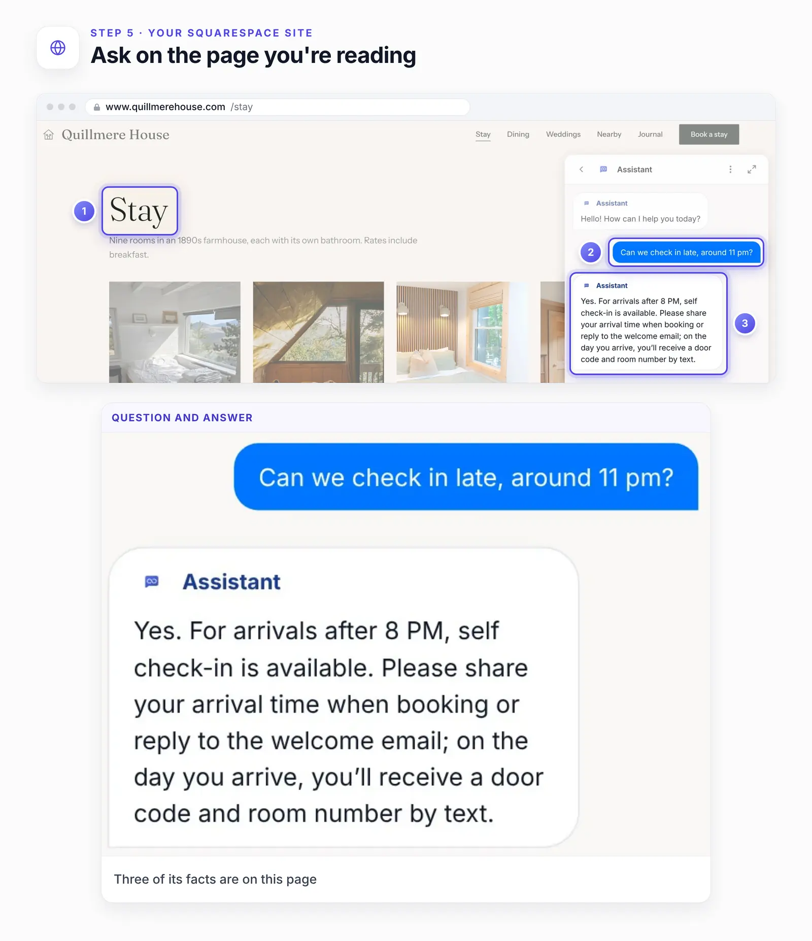 The Quillmere House Stay page with the chat open beside it and three numbered highlights: 1, the Stay heading; 2, the guest's question, Can we check in late, around 11 pm?; 3, the agent's answer.
