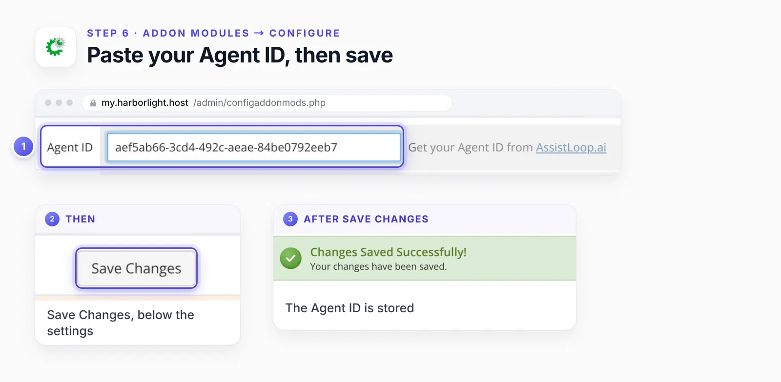 The AssistLoop addon's settings in WHMCS with three numbered highlights: 1, the Agent ID field with the pasted ID and its hint, Get your Agent ID from AssistLoop.ai; 2, an enlarged Save Changes button; 3, an enlarged Changes Saved Successfully notice.