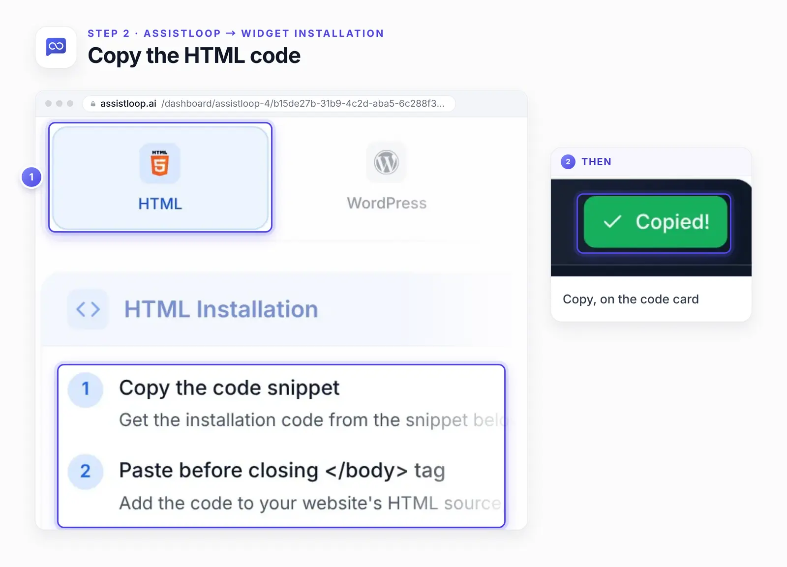 AssistLoop's Widget Installation page with the HTML tab highlighted as 1 and its first two install steps underneath, the second saying to paste before the closing body tag; an enlarged view, 2, shows the Installation Code card's header with the green Copied button.