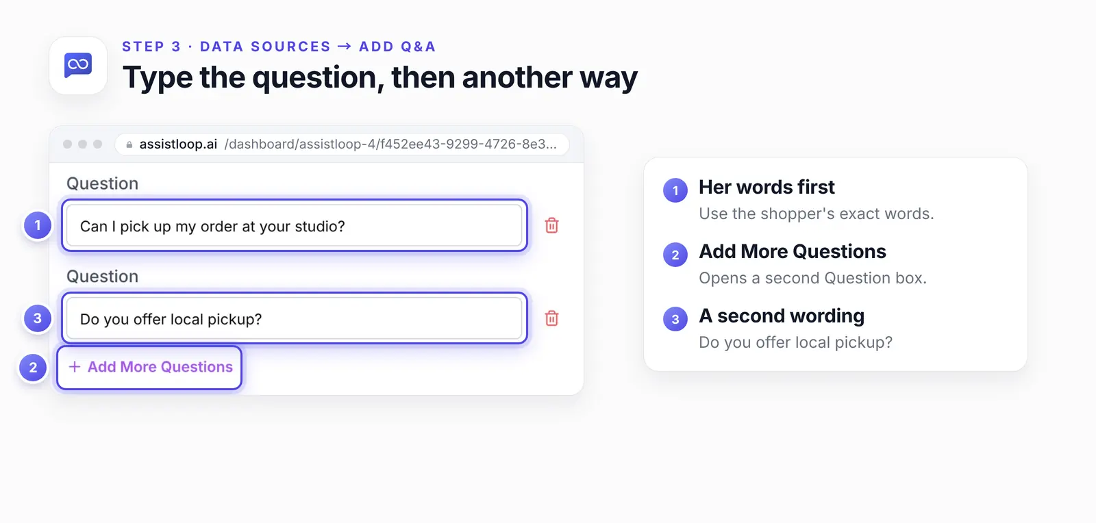 The Question and Answer Pairs form with two filled Question fields, Can I pick up my order at your studio and Do you offer local pickup, and the Add More Questions link, numbered in the order you use them.