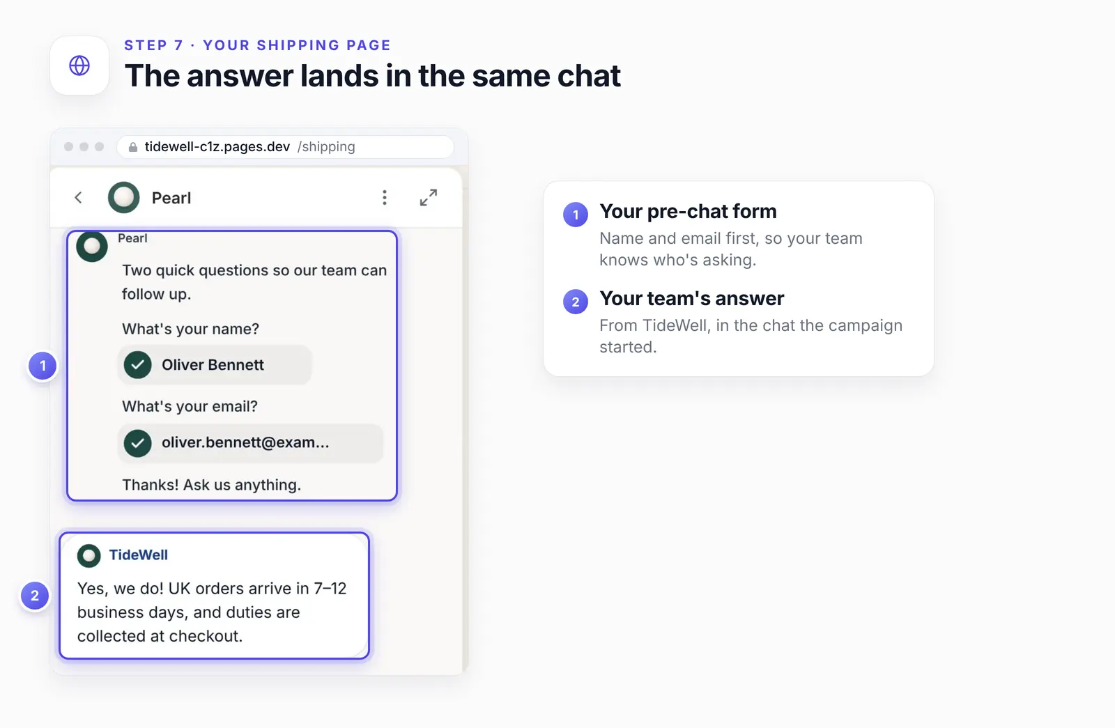 The shop's chat: the answered pre-chat form with Oliver Bennett's details, then the team's reply from TideWell.