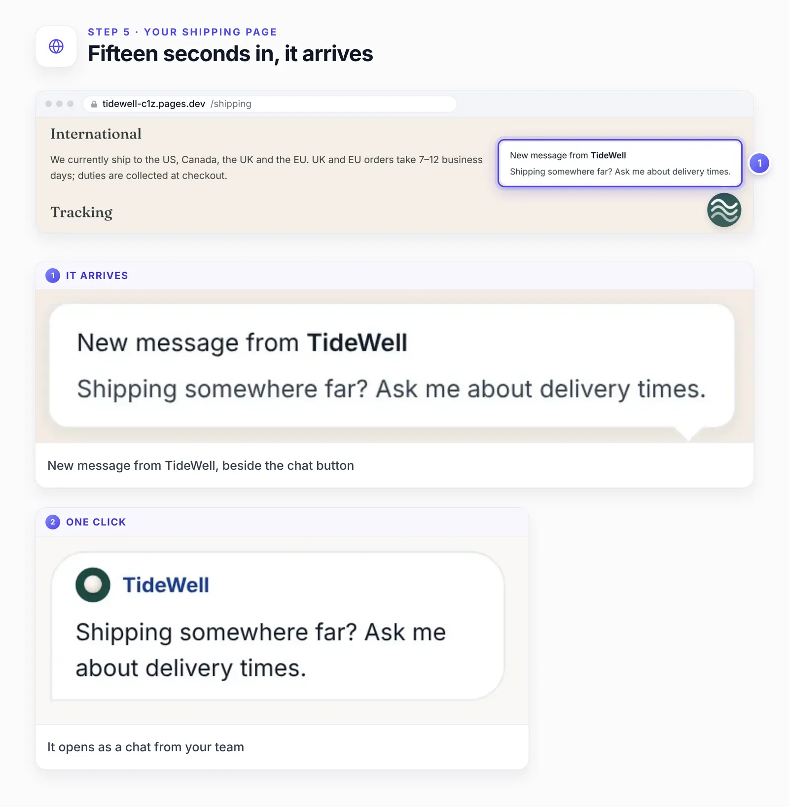 The Shipping page with the campaign message beside the chat button, that message enlarged, and the same message opened as a chat from TideWell.