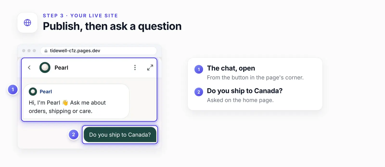 The chat open on the shop's home page with two numbered highlights: 1, the open chat panel with the agent's greeting; 2, the question about shipping to Canada.