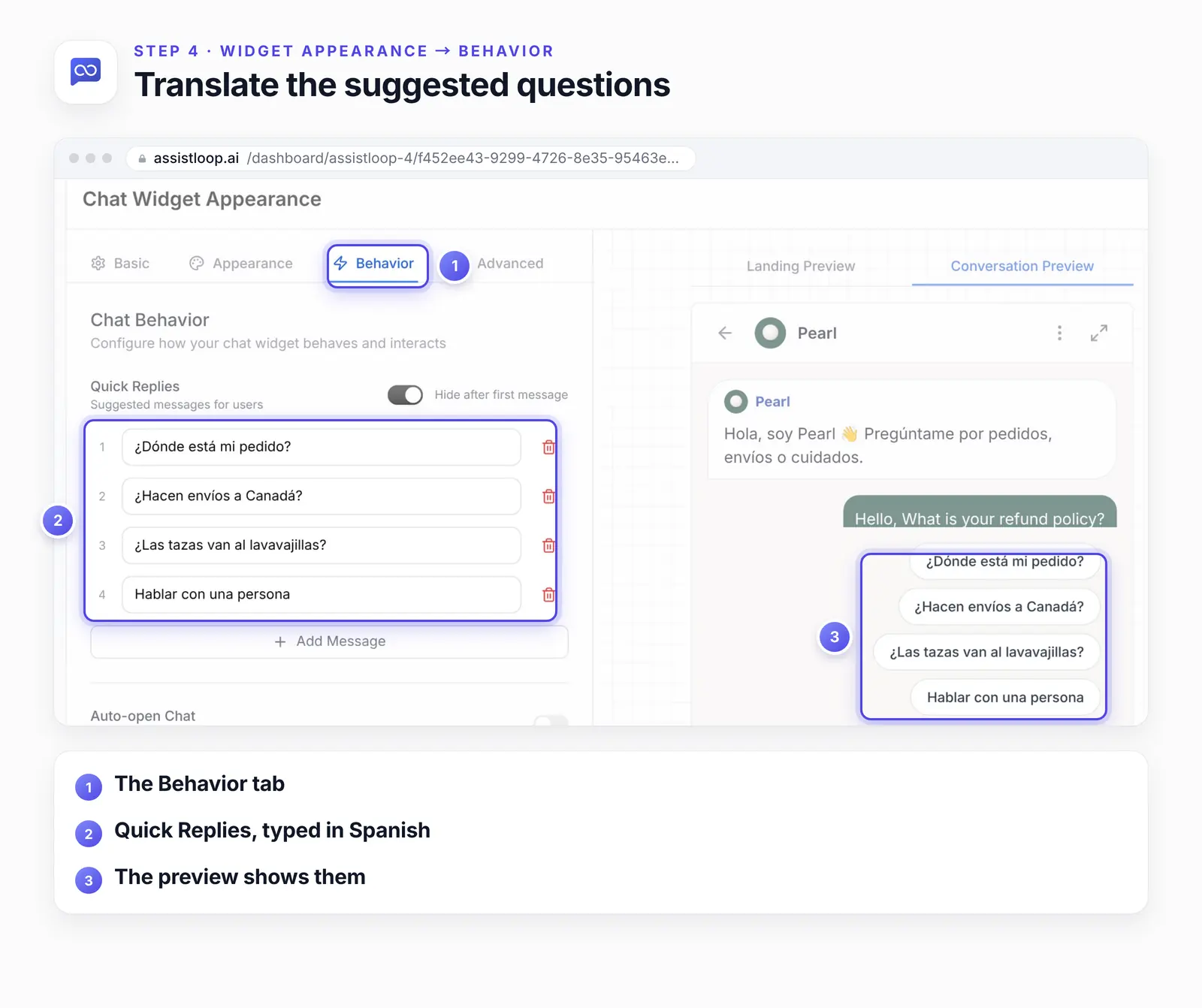 The Behavior tab with three numbered highlights: 1, the Behavior tab; 2, four Quick Replies typed in Spanish; 3, the same questions as buttons in the preview.