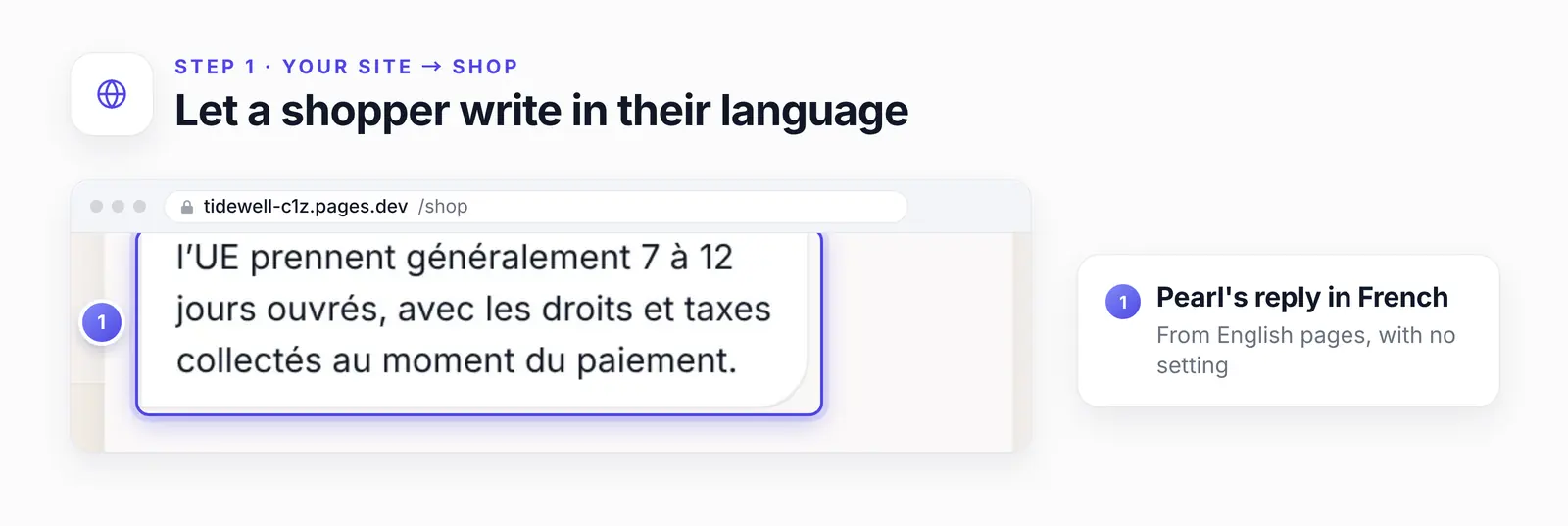 The chat on the Shop page with one numbered highlight on the end of Pearl's French reply about delivery to France.