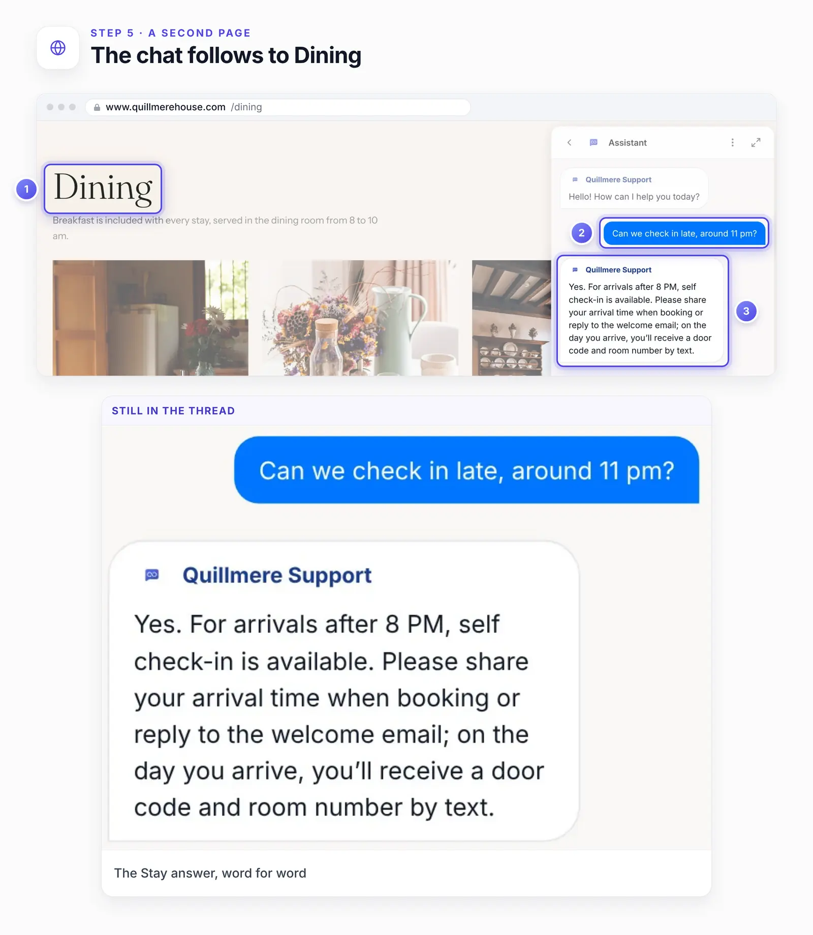 The Quillmere House Dining page with the chat still open and three numbered highlights: 1, the Dining heading; 2, the late check-in question from the Stay page; 3, the agent's answer below it, both in the same thread.