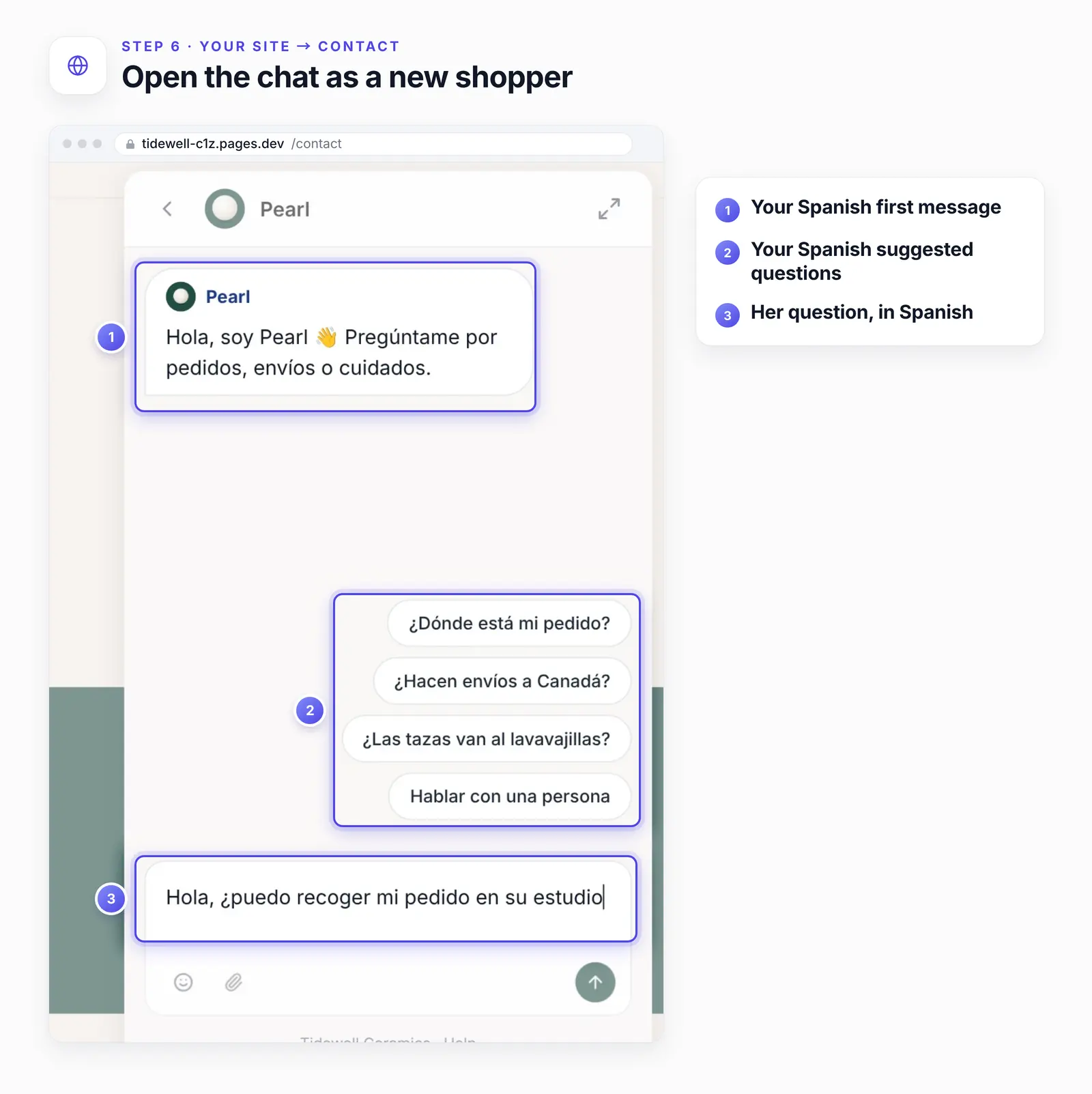 The chat on the Contact page with three numbered highlights: 1, the Spanish first message; 2, the Spanish suggested questions; 3, the shopper's question typed in Spanish.