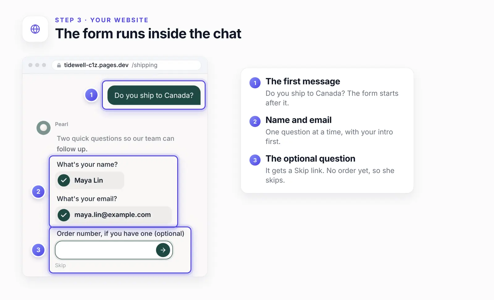 The shop's chat with three numbered highlights: 1, the visitor's first message, Do you ship to Canada; 2, the intro and the name and email questions, answered; 3, the optional order number question with its Skip link.