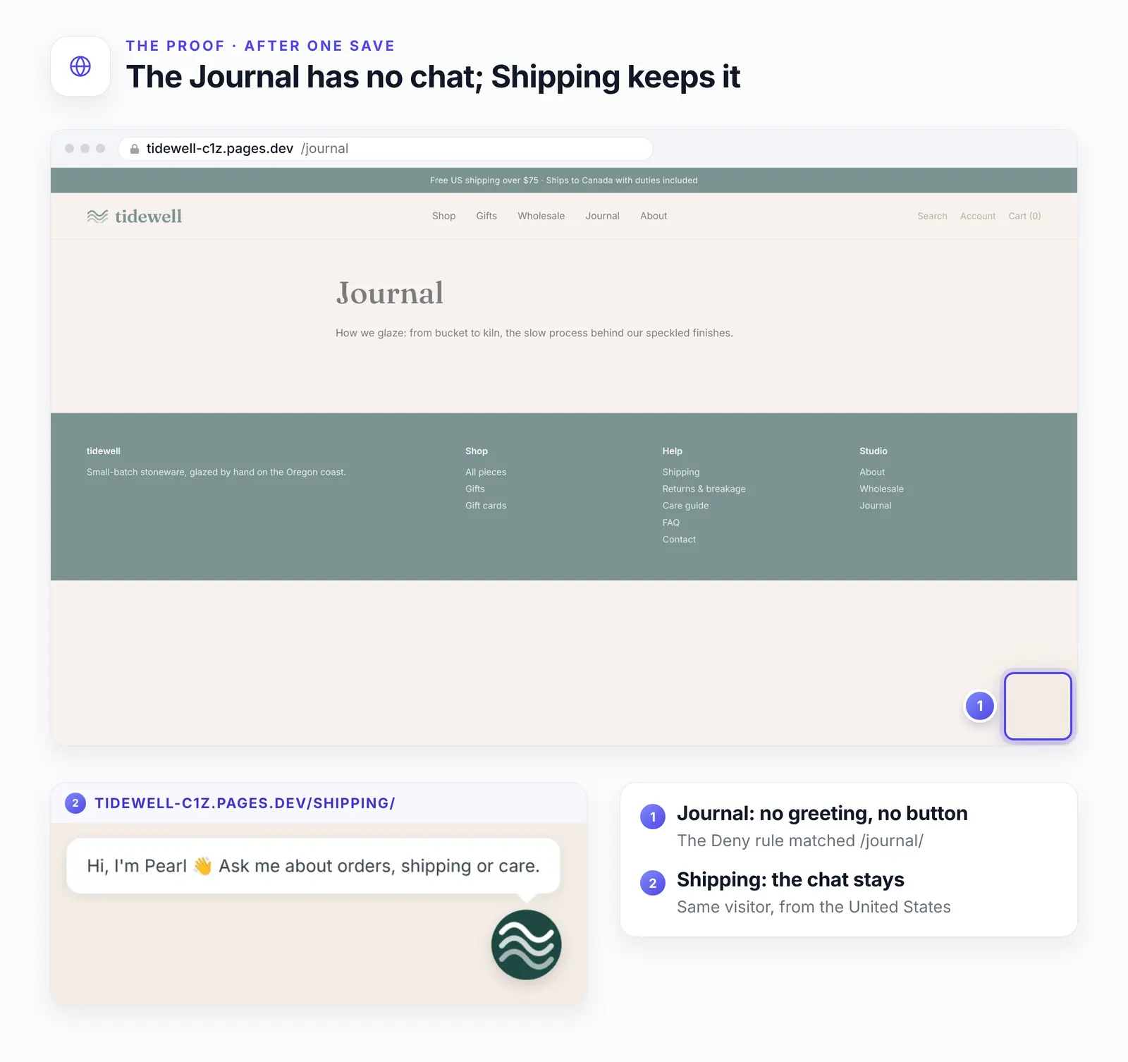 Tidewell's Journal page after saving, with one numbered highlight on the empty corner where the chat used to be, and a side card from the Shipping page with Pearl's greeting and button, numbered 2.