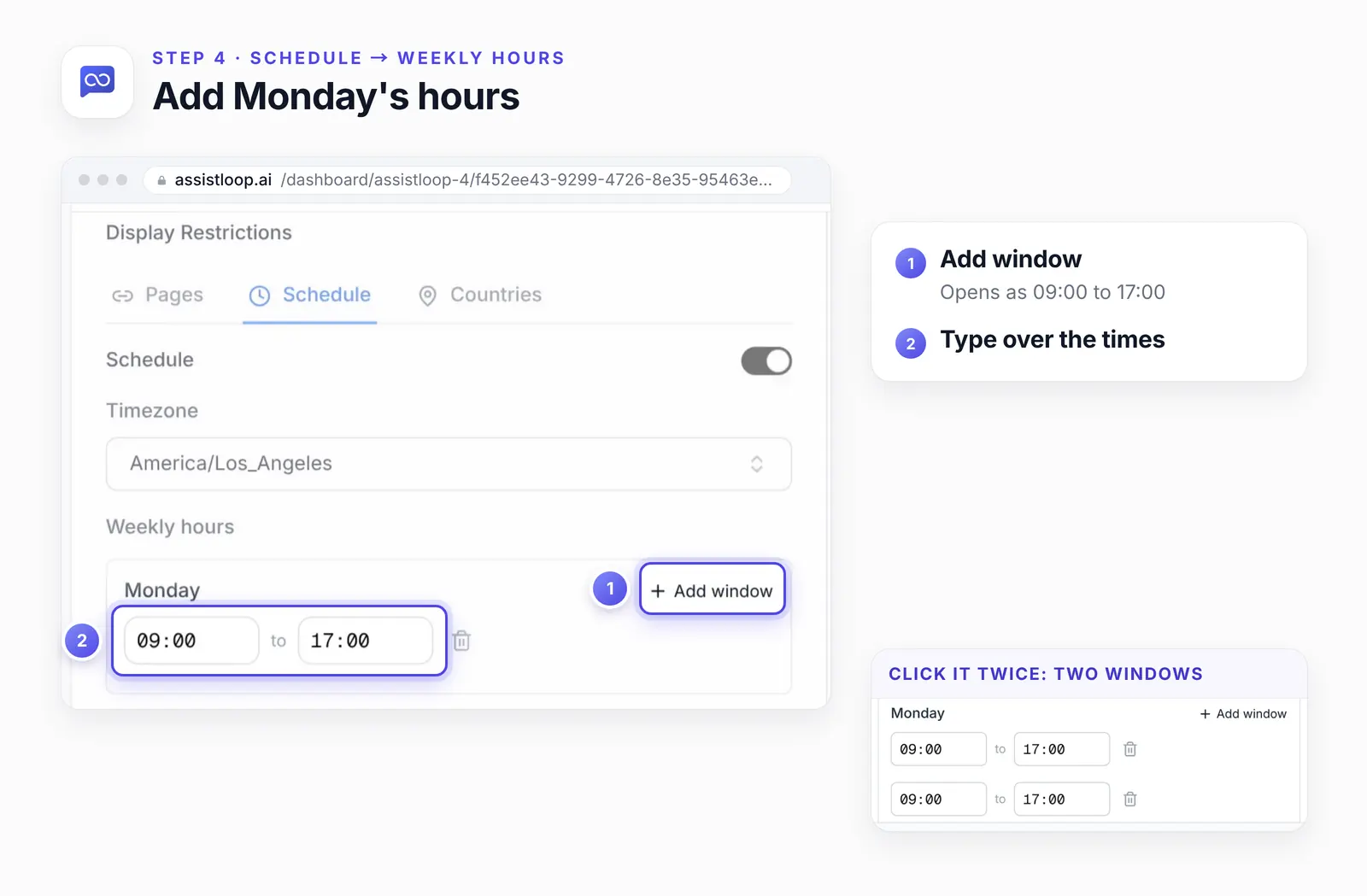 Monday's row with two numbered highlights: 1, the Add window button; 2, the new window from 09:00 to 17:00. A side card shows Monday with two windows after a second click.
