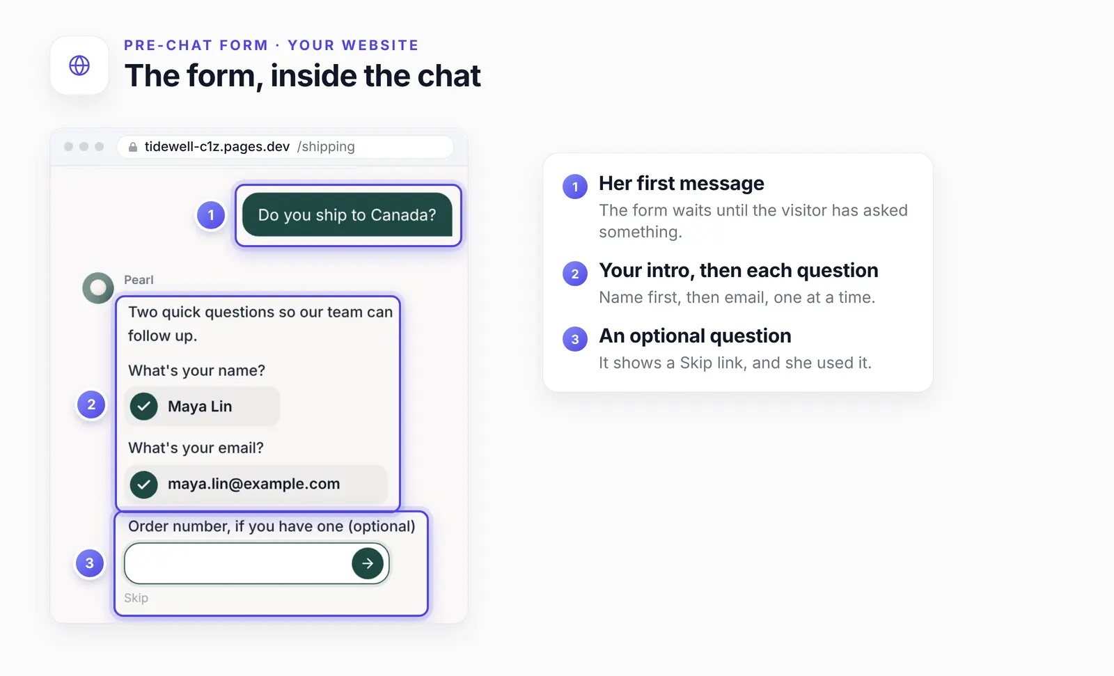 The shop's chat with three numbered highlights: 1, the visitor's first message; 2, the intro and the name and email questions, answered; 3, the optional order number question with its Skip link.