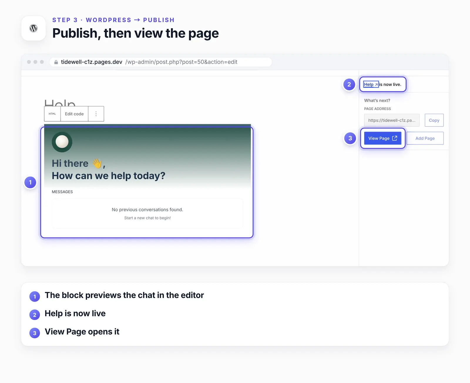 The WordPress editor after publishing, with three numbered highlights: 1, the Custom HTML block previewing the chat window; 2, the message saying Help is now live; 3, the View Page button.