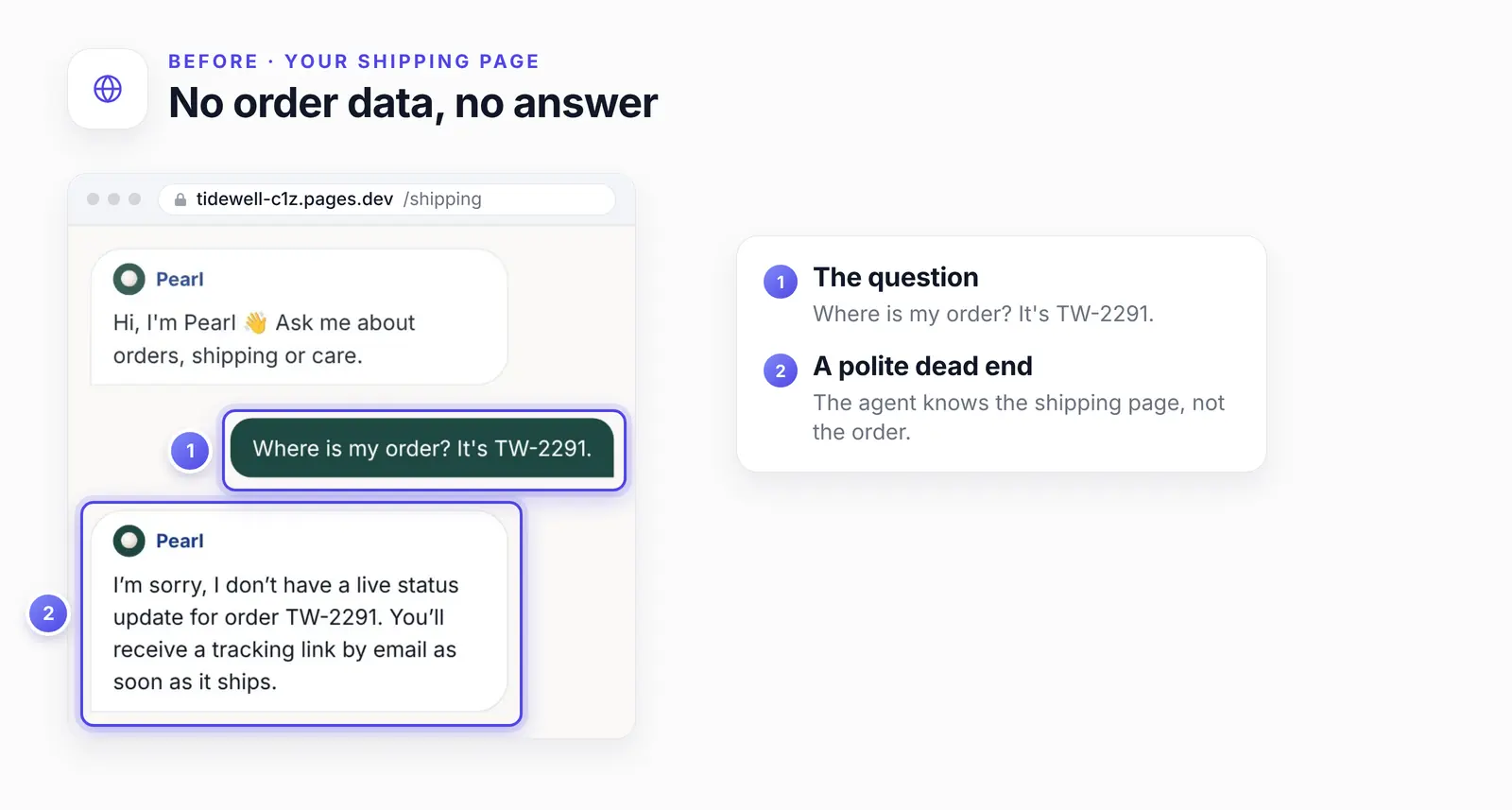The demo shop's Shipping page chat: the customer asks, Where is my order? It's TW-2291, and the agent answers that it has no live status update and a tracking link will come by email.