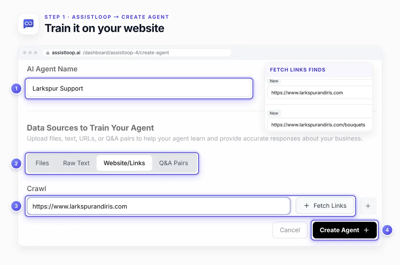 AssistLoop's Create Your AI Agent form with four numbered highlights: 1, the AI Agent Name field reading Larkspur Support; 2, the Website/Links tab; 3, the Crawl address with Fetch Links; 4, Create Agent. A card enlarges the first two pages Fetch Links listed, the home page and Bouquets.