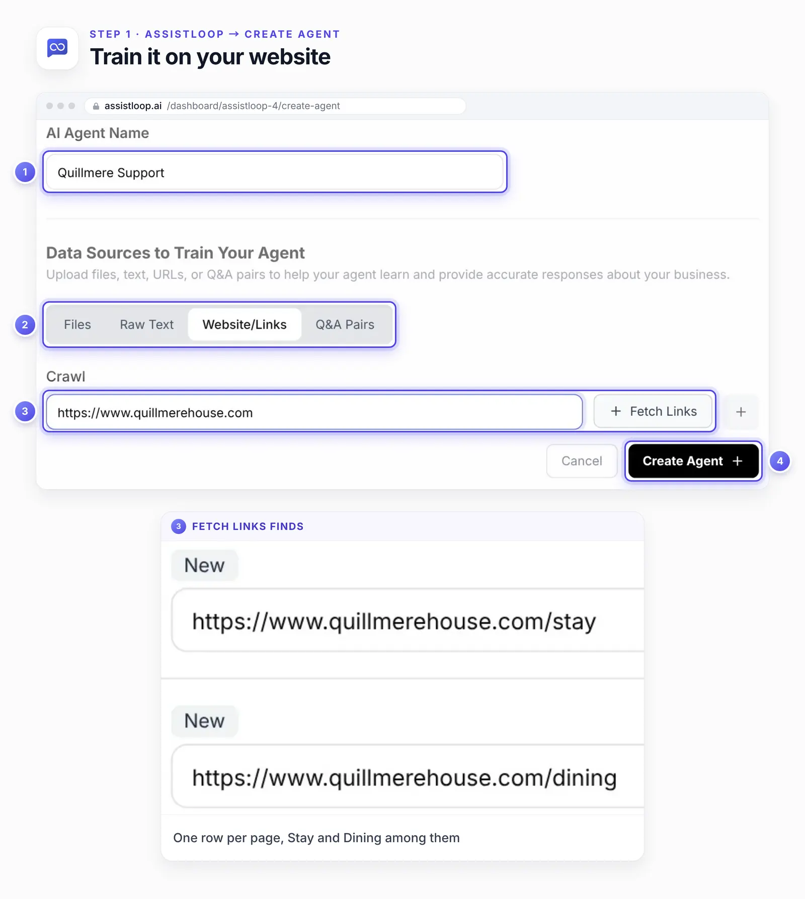 Quillmere Support being created in AssistLoop: the name typed and marked 1, Website/Links chosen as 2, https://www.quillmerehouse.com fetched at 3, Create Agent at 4, and a close-up of two of the pages it found, Stay and Dining.
