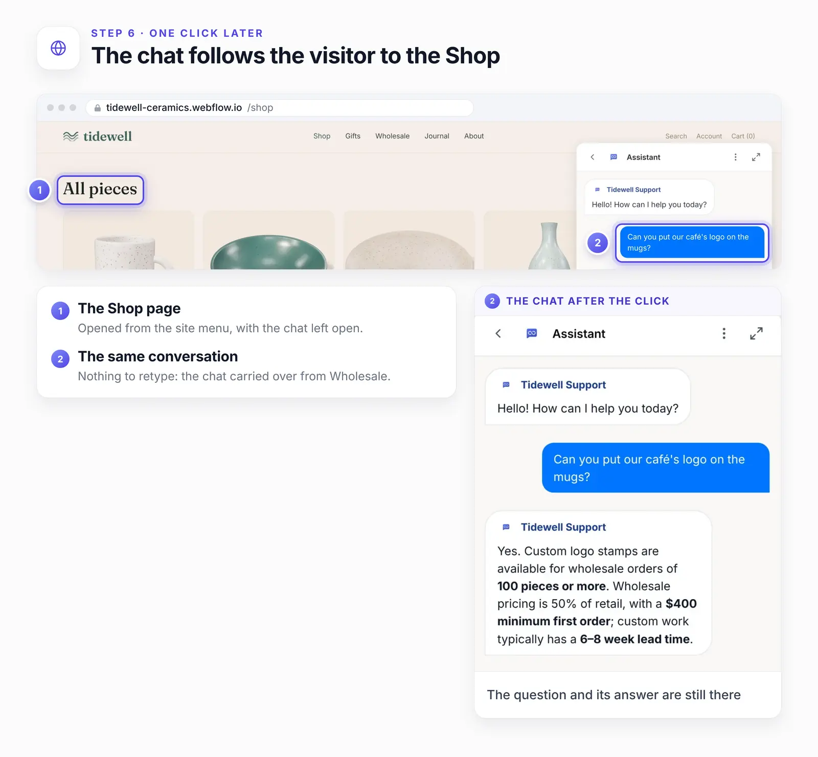 The Tidewell Ceramics Shop page with the All pieces heading ringed as highlight 1 and, in the open chat, the visitor's question about a caf&eacute; logo ringed as highlight 2. An enlarged view of the chat shows the question and the agent's full answer below it.