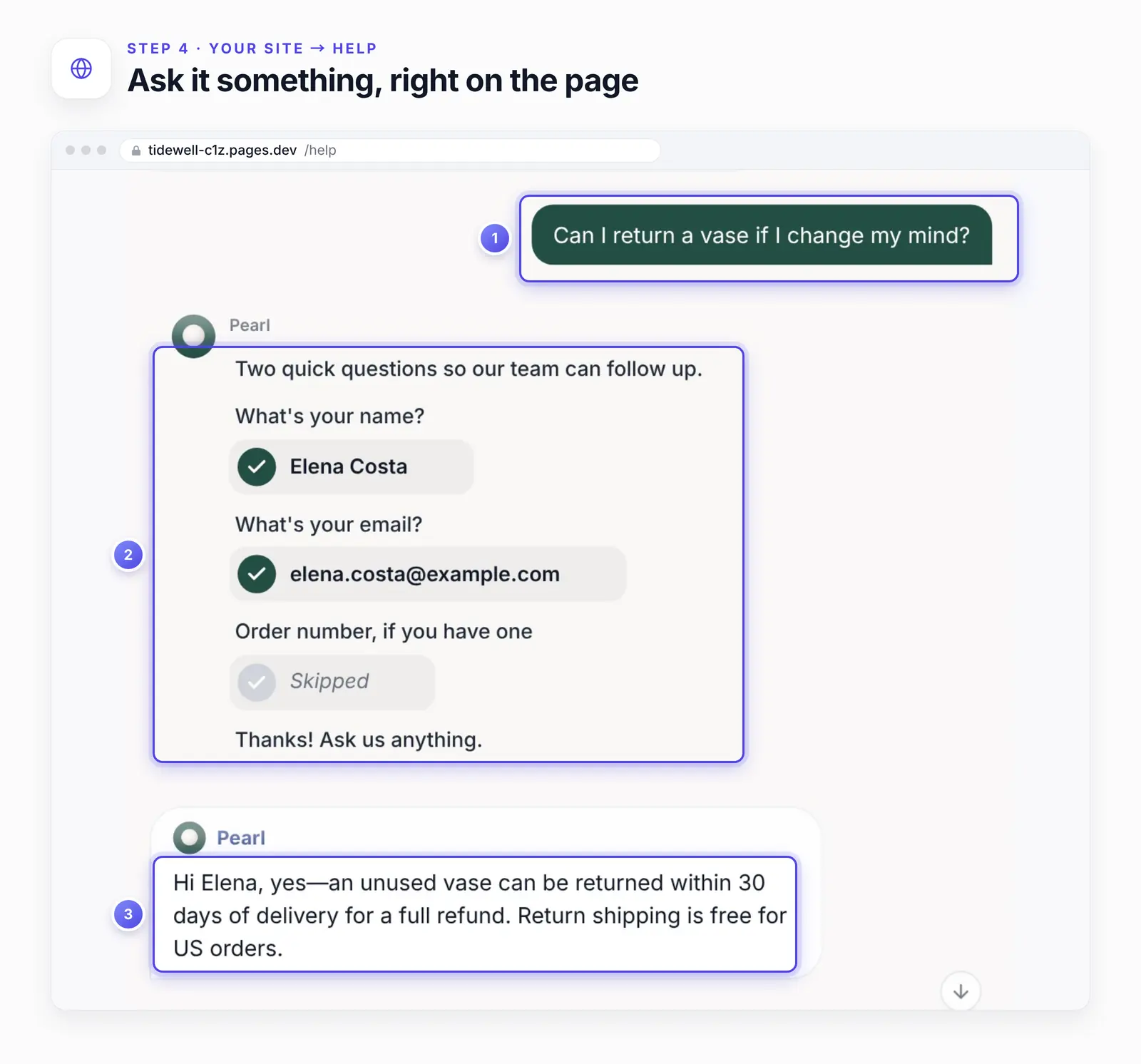 The Help page's chat with three numbered highlights: 1, the shopper's question about returning a vase; 2, the short pre-chat form with the name and email filled in and the order number skipped; 3, the agent's answer about returns.