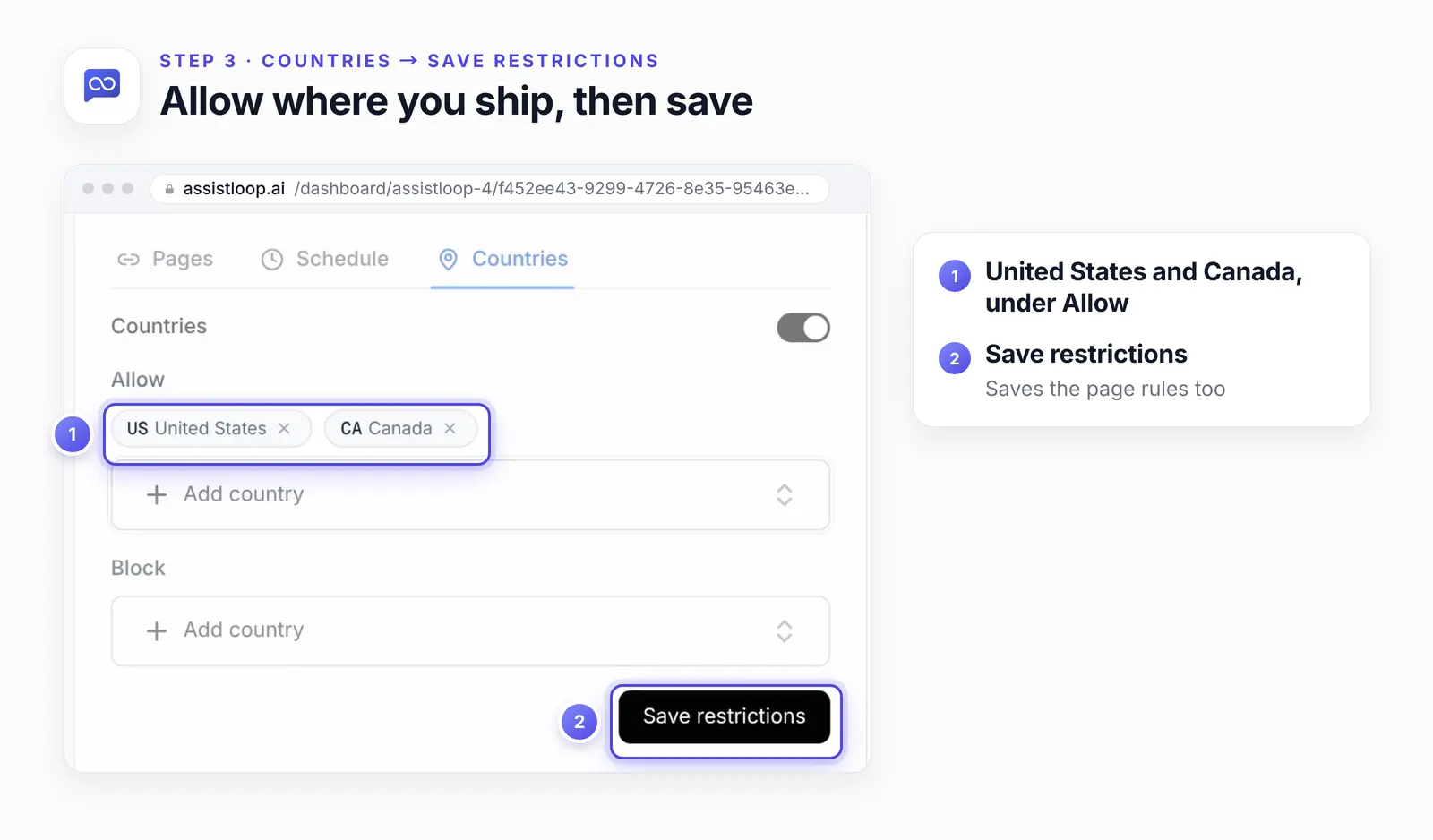 The Countries tab with two numbered highlights: 1, United States and Canada under Allow; 2, the Save restrictions button.