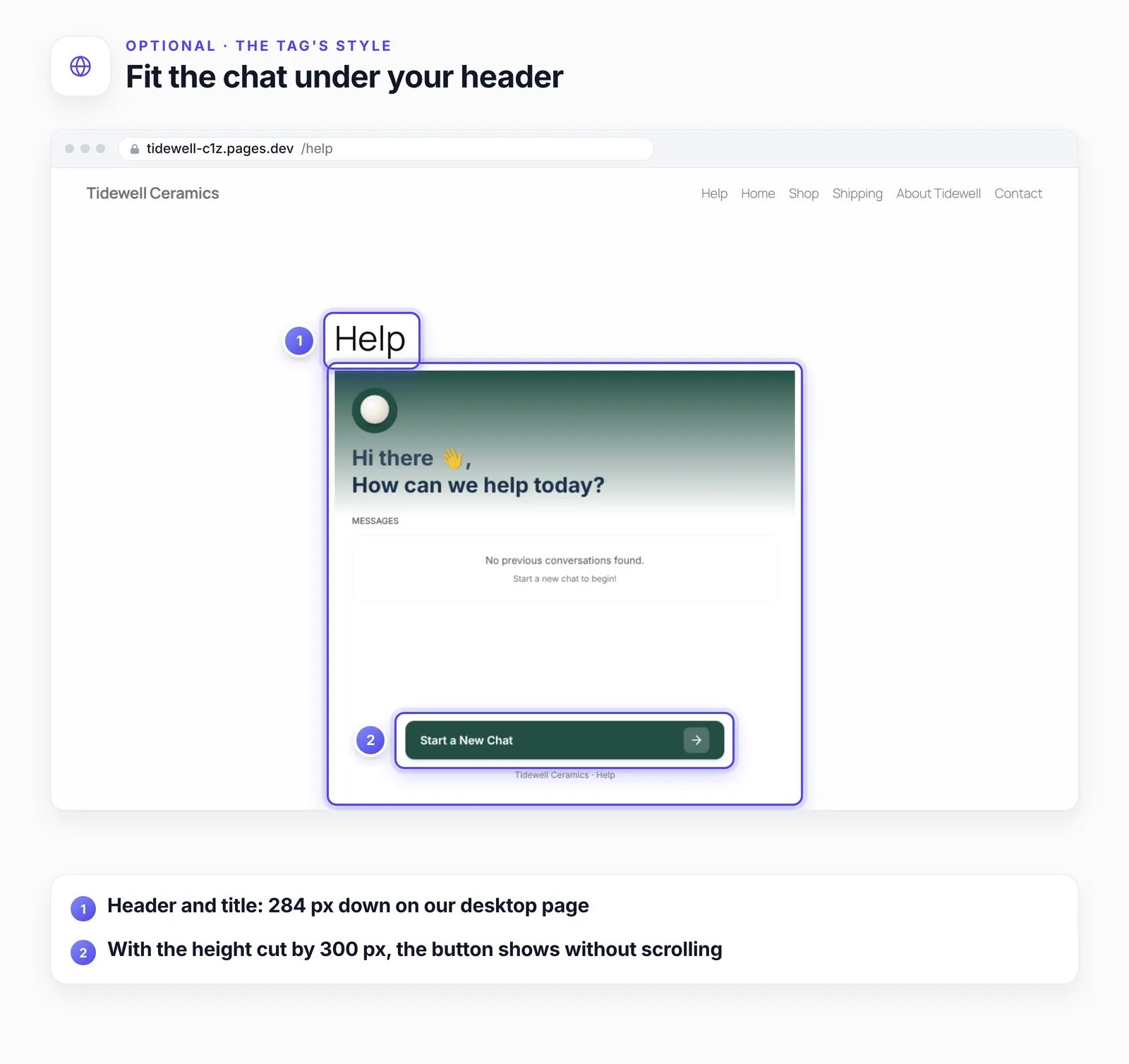 The Tidewell Help page with the shorter chat and two numbered highlights: 1, the page title under the site header; 2, the Start a New Chat button, now visible without scrolling.