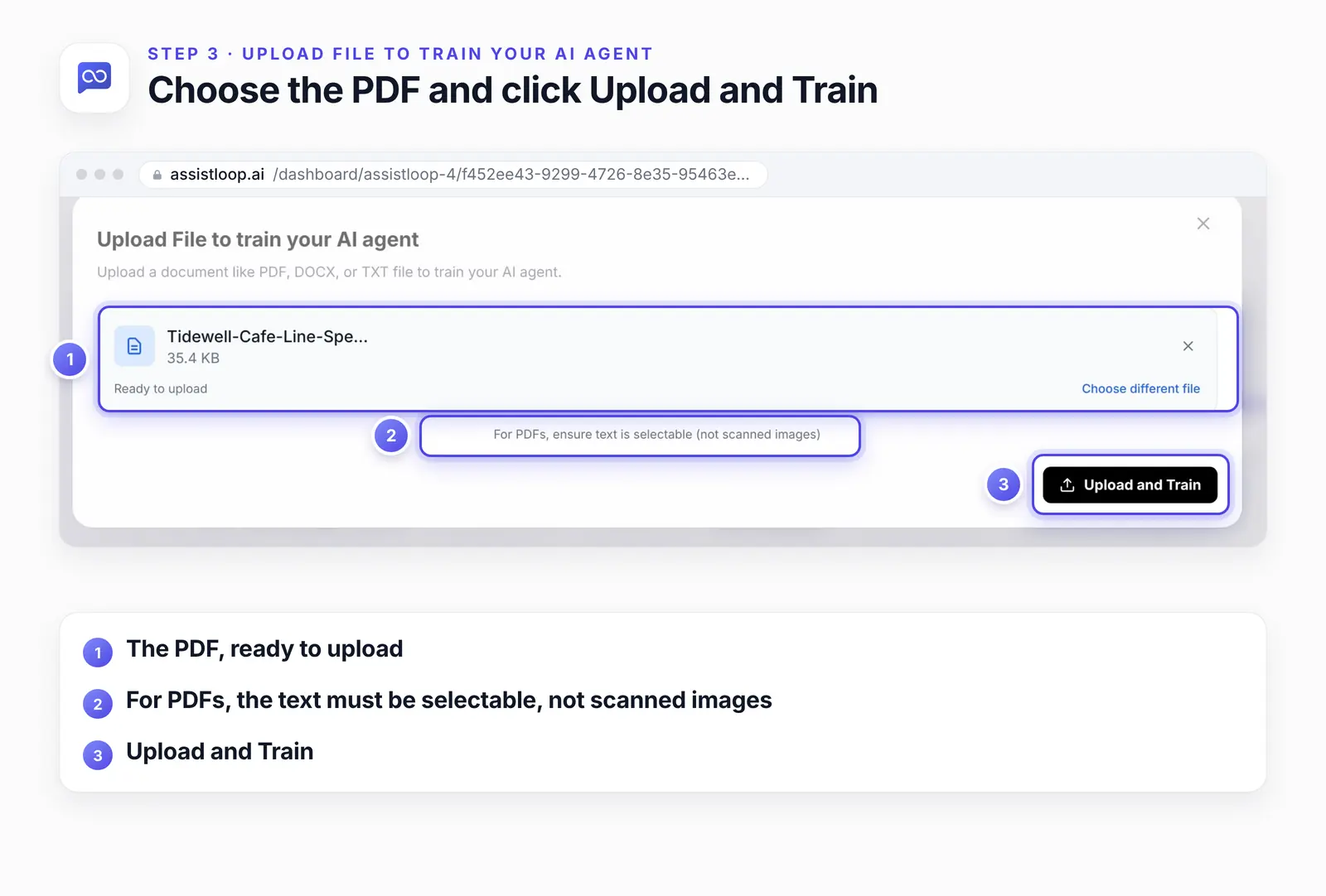 The Upload File to train your AI agent dialog with three numbered highlights: 1, the spec sheet PDF, ready to upload; 2, the line saying text in PDFs must be selectable, not scanned images; 3, the Upload and Train button.