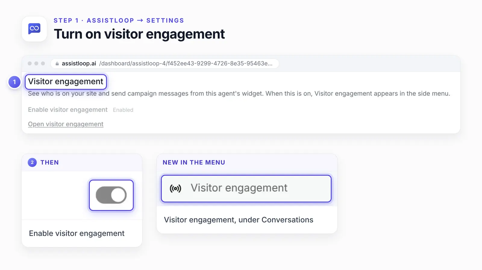 AssistLoop Settings: the Visitor engagement section, its switch enlarged and on, and the new sidebar link.