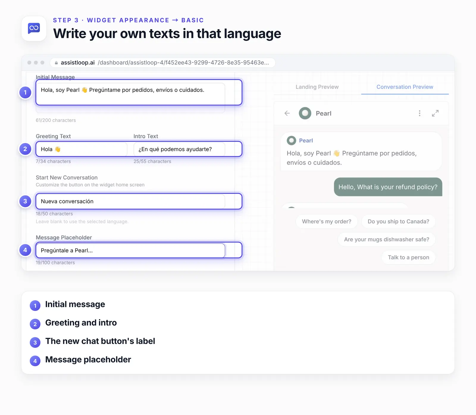 The Basic tab with four numbered highlights on fields typed in Spanish: 1, the initial message; 2, the greeting and intro; 3, the Start New Conversation label, Nueva conversaci&oacute;n; 4, the message placeholder.