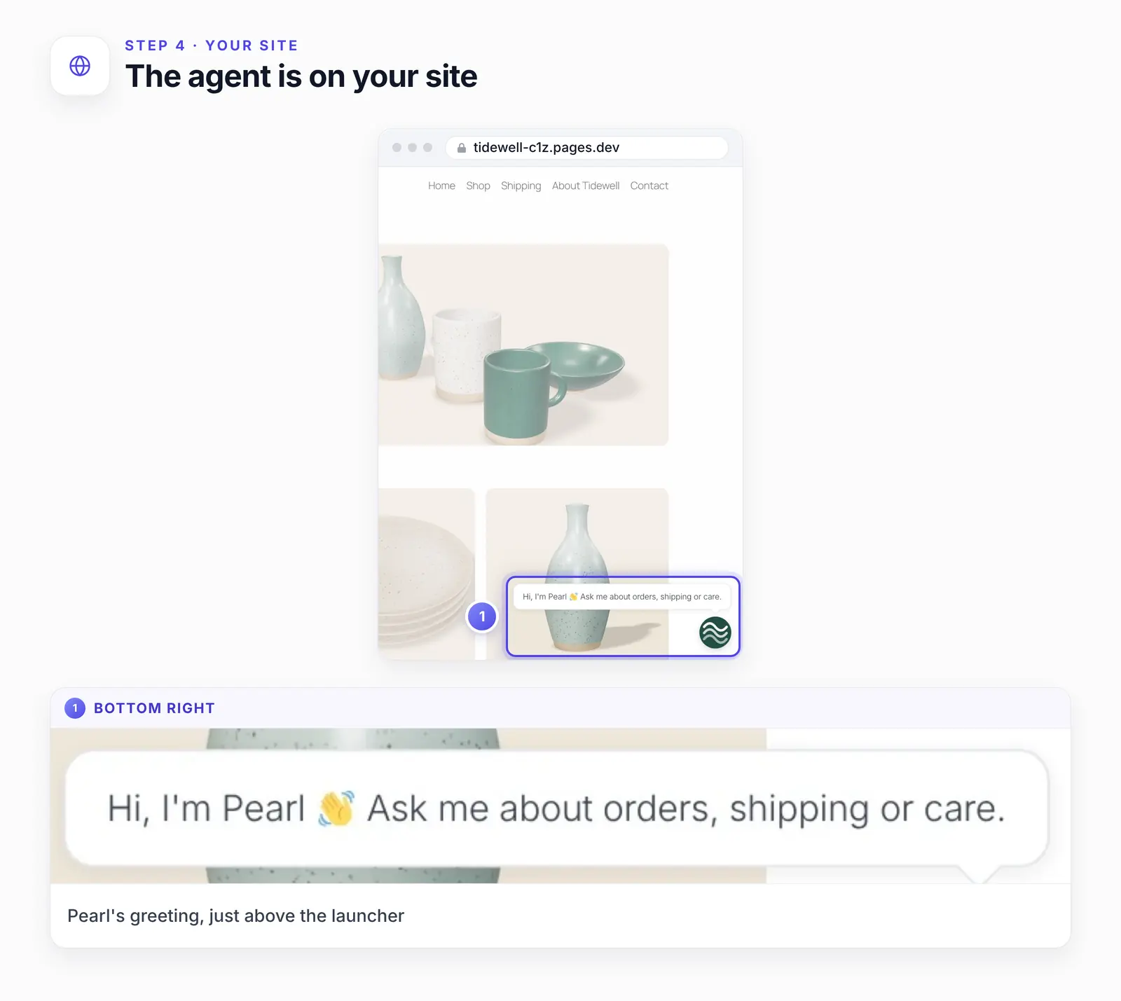 The Tidewell Ceramics home page at tidewell-c1z.pages.dev with the agent's greeting and launcher ringed in the bottom-right corner, and an enlarged inset of Pearl's greeting, which says she can help with orders, shipping or care.