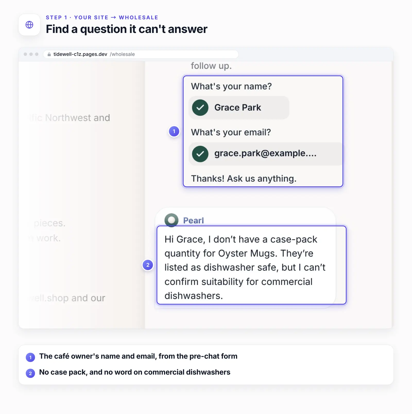 The chat on the Wholesale page with two numbered highlights: 1, the pre-chat form with the caf&eacute; owner's name and email; 2, the agent's reply saying it doesn't have a case-pack quantity and can't confirm commercial dishwasher use.