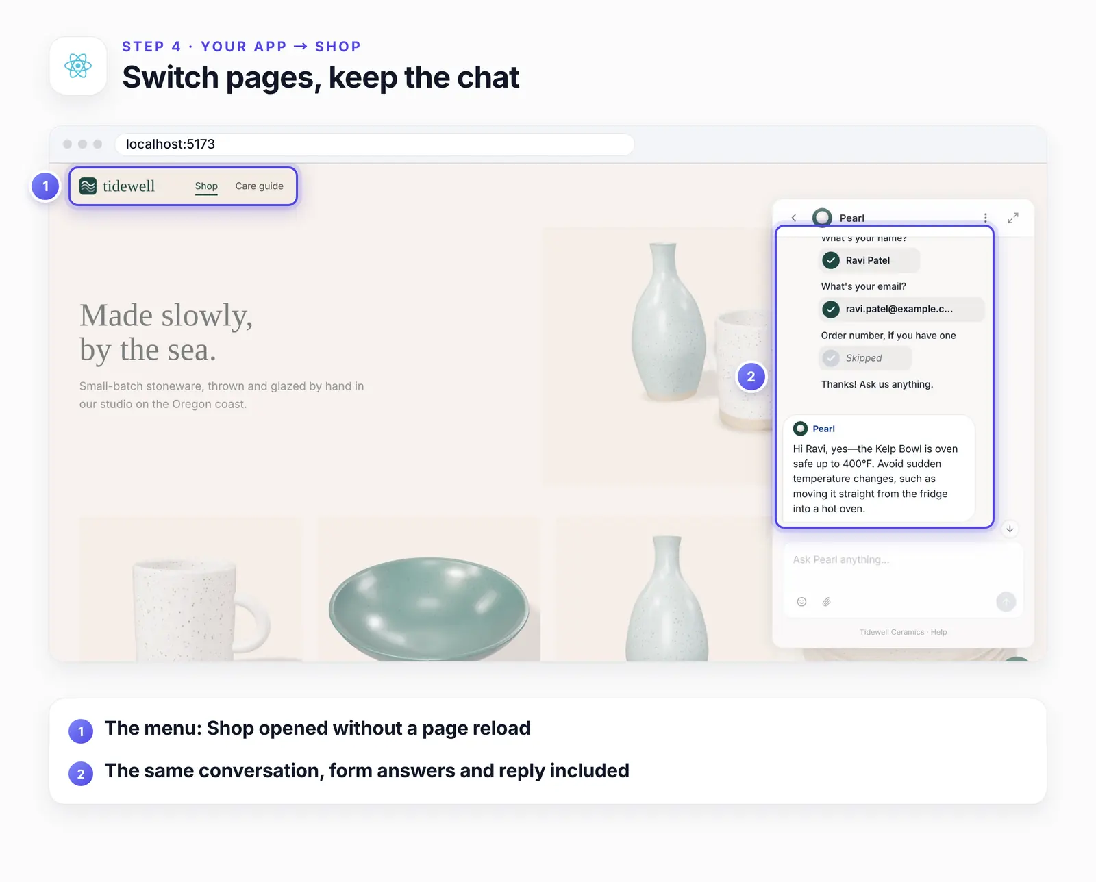The React app's Shop page with the chat still open and two numbered highlights: 1, the app's menu, with Shop now underlined; 2, the same conversation, with the form answers and the oven reply.