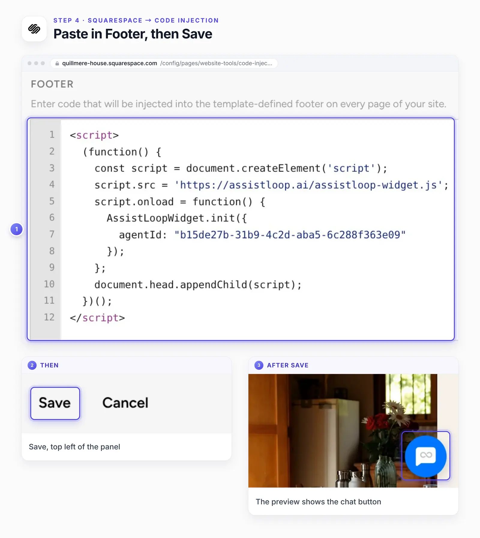 Squarespace's Code Injection panel with three numbered highlights: 1, the Footer box holding the AssistLoop snippet on lines 1 to 12; 2, an enlarged view of Save at the top left; 3, the corner of the site preview after Save, with the chat button.