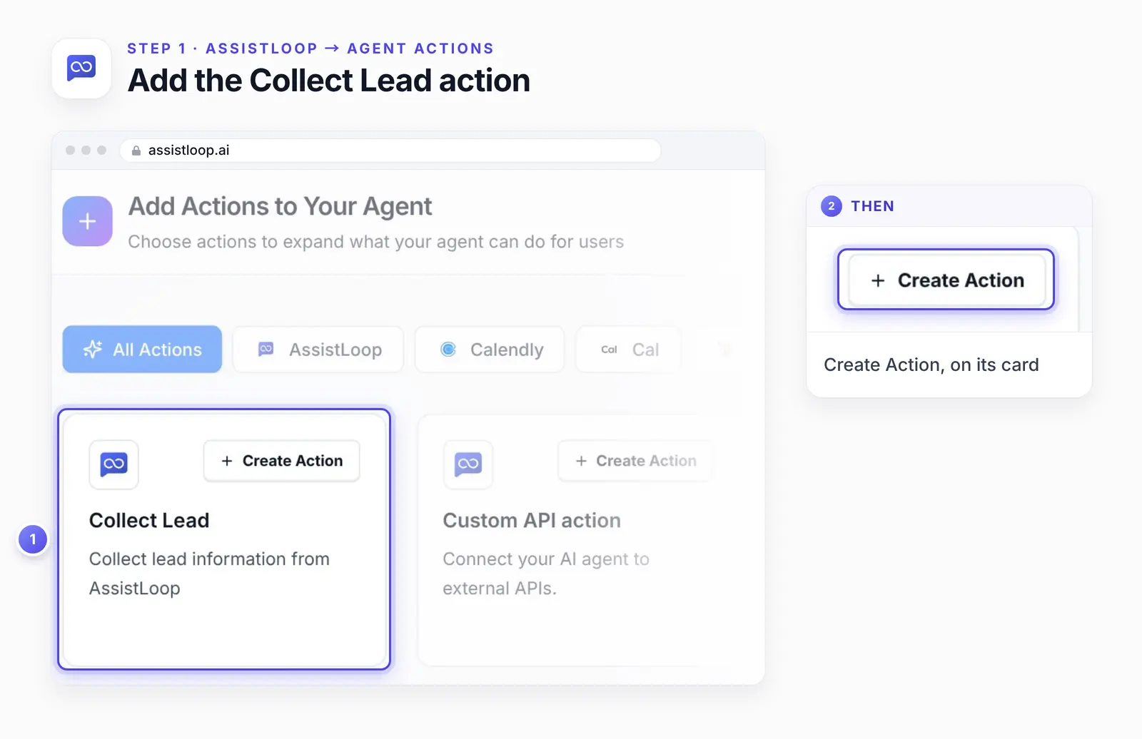 The Add Actions to Your Agent dialog with the Collect Lead card ringed and numbered 1, beside the Custom API action card, and an enlarged view of the card's Create Action button numbered 2.
