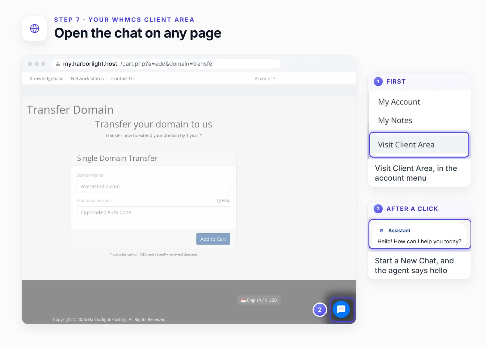The Harborlight client area's Transfer Domain page with the domain typed in, Add to Cart in view and three numbered highlights: 1, an enlarged Visit Client Area link in the admin account menu; 2, the round chat button in the lower-right corner; 3, an enlarged view of the agent's greeting after a click.