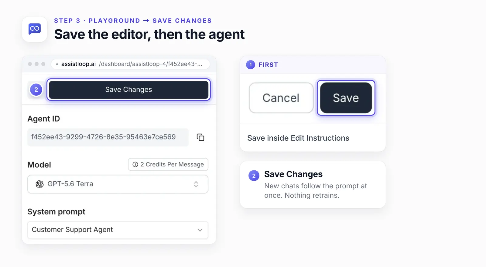 The Playground settings with Save Changes ringed, the model set to GPT-5.6 Terra and the system prompt on Customer Support Agent, beside an enlarged Save button from the editor.
