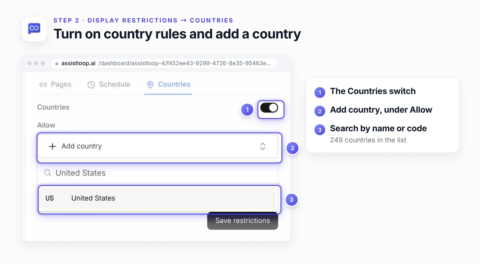 The Countries tab with three numbered highlights: 1, the Countries switch; 2, Add country under Allow; 3, United States found by searching.